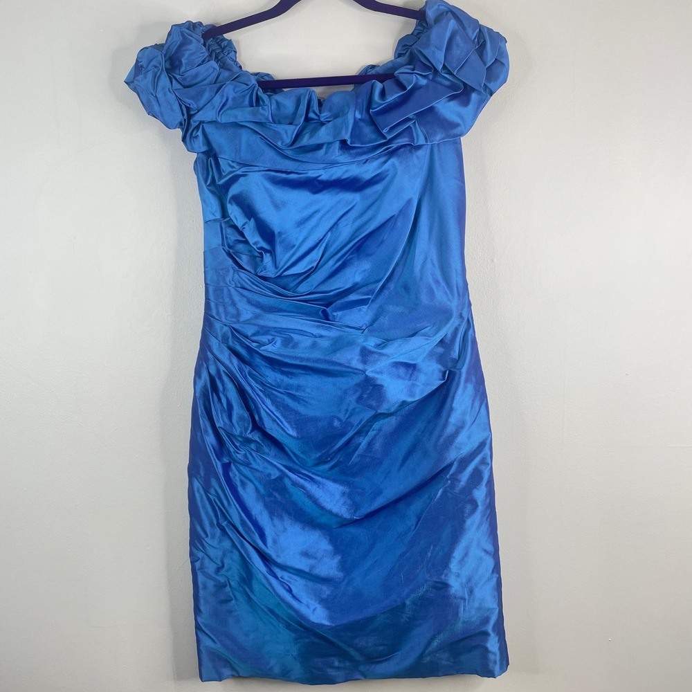 Marisa Baratelli Thai Silk Dress 8 Azure Sheath Ruched Wedding Party Vintage 80s